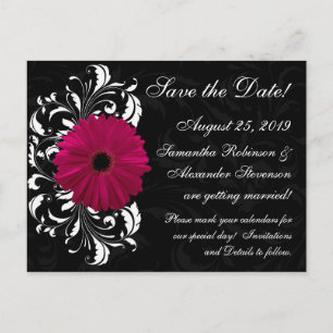 Fuchsia Scroll Gerbera Daisy Black Save the Date Aankondigingskaart