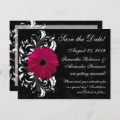 Fuchsia Scroll Gerbera Daisy Black Save the Date Aankondigingskaart (Voorkant / Achterkant)
