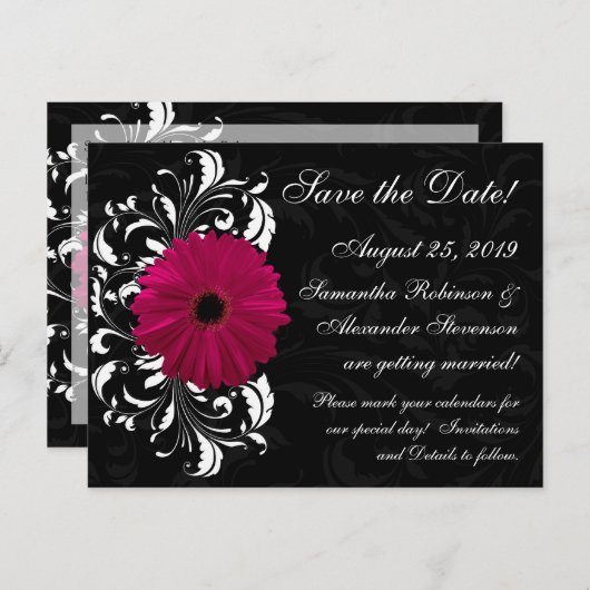 Fuchsia Scroll Gerbera Daisy Black Save the Date Aankondigingskaart (Voorkant / Achterkant)