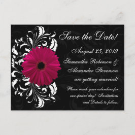 Fuchsia Scroll Gerbera Daisy Black Save the Date Aankondigingskaart