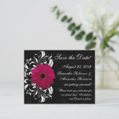 Fuchsia Scroll Gerbera Daisy Black Save the Date Aankondigingskaart (Staand voorkant)