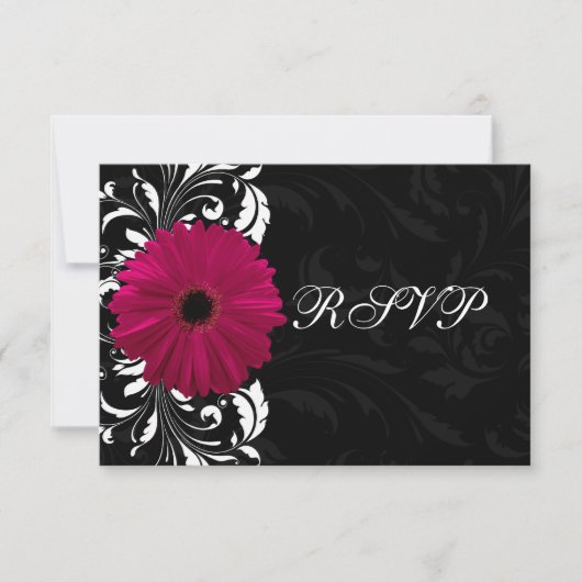 Fuchsia Scroll Gerbera Daisy met Zwart en Wit RSVP Kaartje (Voorkant)