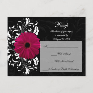 Fuchsia Scroll Gerbera Daisy met Zwart en Wit Uitnodiging Briefkaart