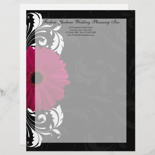 Fuchsia Scroll Gerbera Daisy w/Black en White Gepersonaliseerd Briefhoofd (Voorkant / Achterkant)
