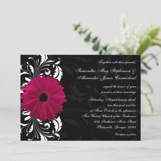 Fuchsia Scroll Gerbera Daisy w/Black en White Kaart (Staand voorkant)