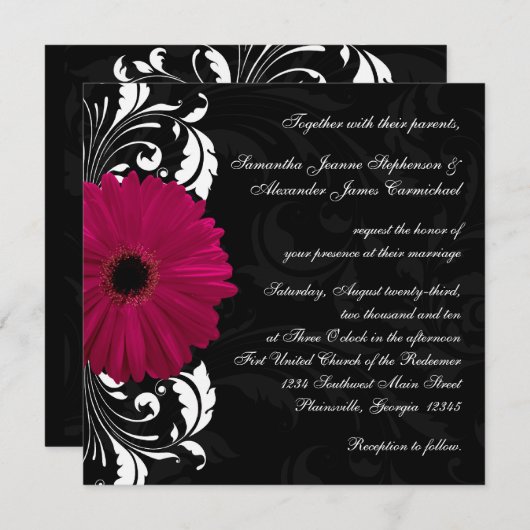 Fuchsia Scroll Gerbera Daisy w/Black en White Kaart (Voorkant / Achterkant)