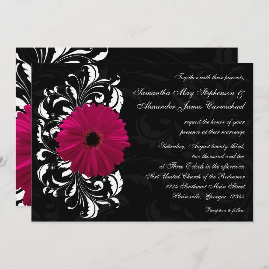 Fuchsia Scroll Gerbera Daisy w/Black en White Kaart (Voorkant / Achterkant)