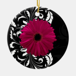 Fuchsia Scroll Gerbera Daisy w/Black en White Keramisch Ornament