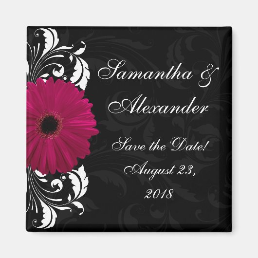 Fuchsia Scroll Gerbera Daisy w/Black en White Magneet (Voorkant)