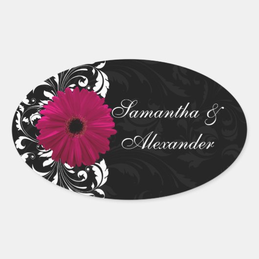 Fuchsia Scroll Gerbera Daisy w/Black en White Ovale Sticker (Voorkant)
