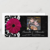 Fuchsia Scroll Gerbera Daisy w/Black en White Save The Date (Voorkant / Achterkant)
