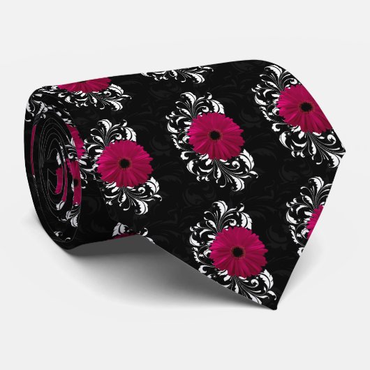 Fuchsia Scroll Gerbera Daisy w/Black en White Stropdas (Opgerold)