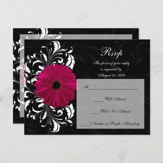 Fuchsia Scroll Gerbera Daisy w/Black en White Uitnodiging Briefkaart (Voorkant / Achterkant)