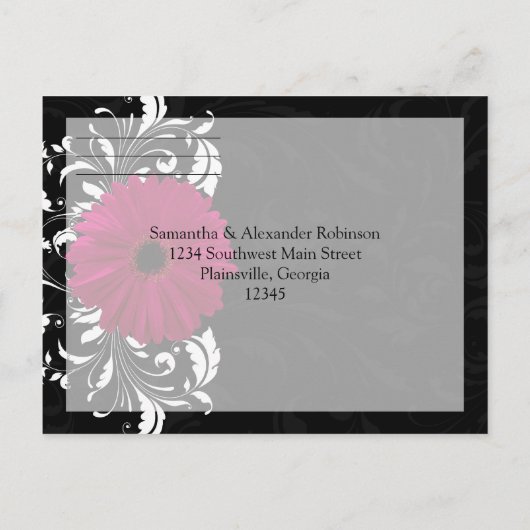 Fuchsia Scroll Gerbera Daisy w/Black en White Uitnodiging Briefkaart (Achterkant)