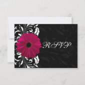 Fuchsia Scroll Gerbera Madelief met Zwart en Wit RSVP Kaartje (Voorkant)