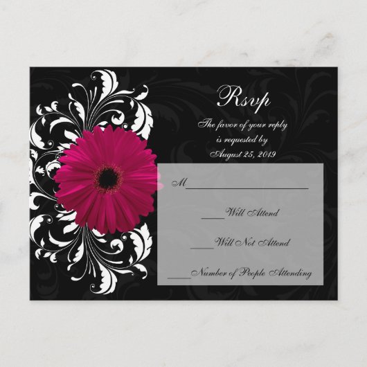 Fuchsia Scroll Gerbera Madelief met Zwart en Wit Uitnodiging Briefkaart (Voorkant)