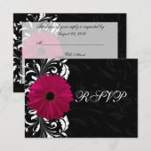 Fuchsia Scroll Gerbera Madelief w/Zwart en Wit RSVP Kaartje (Voorkant / Achterkant)