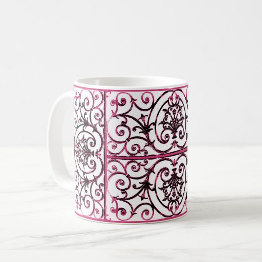 Fuchsia scrollwork patroon koffiemok (Voorkant links)
