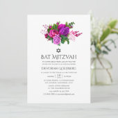 Fuchsia Shabby Floral Bat Mitzvah Kaart (Staand voorkant)