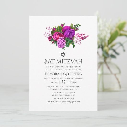 Fuchsia Shabby Floral Bat Mitzvah Kaart (Staand voorkant)