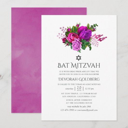 Fuchsia Shabby Floral Bat Mitzvah Kaart (Voorkant / Achterkant)