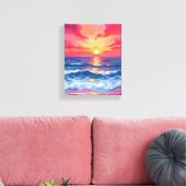 Fuchsia Shore Sunset | Oceaan Golven Aquarel Canvas Afdruk (Insitu (Woonkamer))