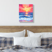 Fuchsia Shore Sunset | Oceaan Golven Aquarel Canvas Afdruk (Insitu (Slaapkamer))