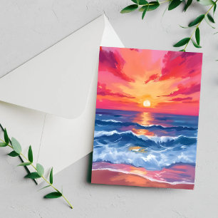 Fuchsia Shore Sunset   Oceaan Golven Aquarel Kaart