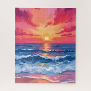 Fuchsia Shore Sunset Oceaan Golven Aquarel Legpuzzel