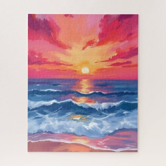 Fuchsia Shore Sunset | Oceaan Golven Aquarel Legpuzzel (Verticaal)