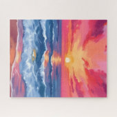 Fuchsia Shore Sunset | Oceaan Golven Aquarel Legpuzzel (Horizontaal)