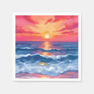 Fuchsia Shore Sunset   Oceaan Golven Aquarel Servet