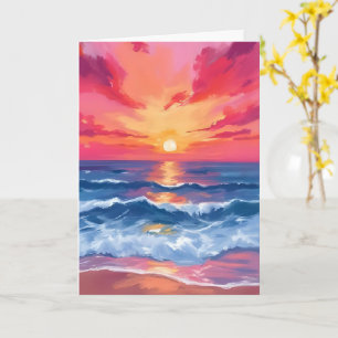 Fuchsia Shore Sunset Oceaan Golven Waterverf Kaart