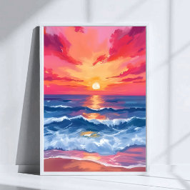 Fuchsia Shore Sunset | Oceaan Golven Waterverf Poster