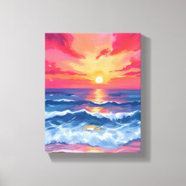 Fuchsia Shore Sunset | Ocean Waves Watercolor Canvas Afdruk