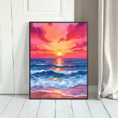 Fuchsia Shore Sunset | Ocean Waves Watercolor Poster