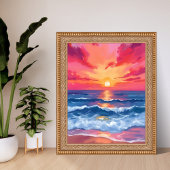 Fuchsia Shore Sunset | Ocean Waves Watercolor Poster