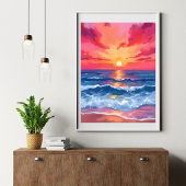 Fuchsia Shore Sunset | Ocean Waves Watercolor Poster