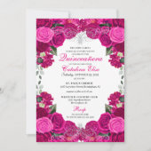 Fuchsia & Silver Floral Quinceanera Birthday Kaart (Voorkant)