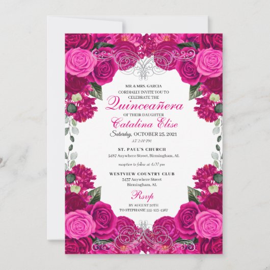 Fuchsia & Silver Floral Quinceanera Birthday Kaart (Voorkant)