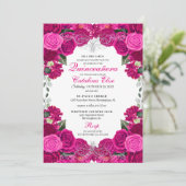 Fuchsia & Silver Floral Quinceanera Birthday Kaart (Staand voorkant)