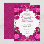 Fuchsia & Silver Floral Quinceanera Birthday Kaart (Voorkant / Achterkant)