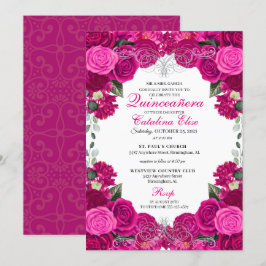 Fuchsia & Silver Floral Quinceanera Birthday Kaart
