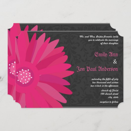 Fuchsia Silver Metallic Gerber Daisy Wedding Kaart (Voorkant / Achterkant)