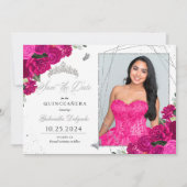 Fuchsia & Silver Quinceañera Sla de datum op Foto Kaart (Voorkant)
