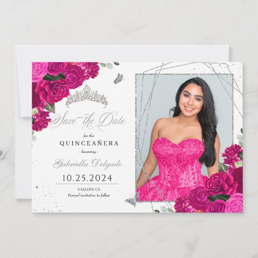 Fuchsia & Silver Quinceañera Sla de datum op Foto Kaart (Voorkant)