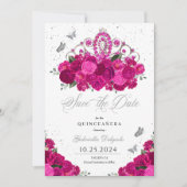 Fuchsia & Silver Tiara Save The Date Quinceañera Kaart (Voorkant)