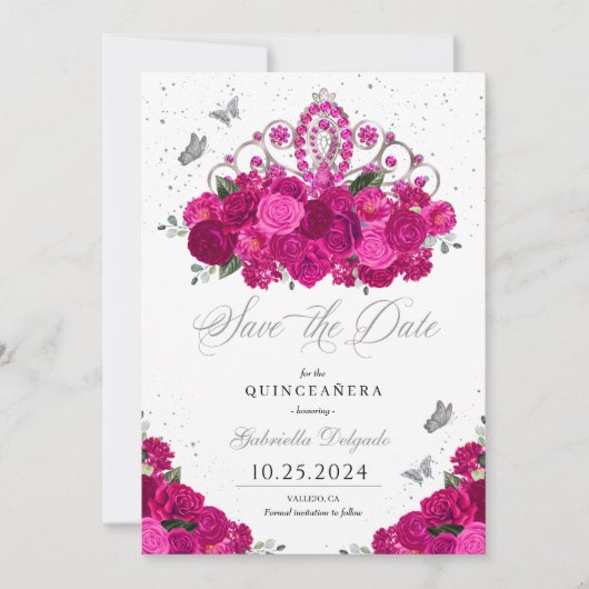 Fuchsia & Silver Tiara Save The Date Quinceañera Kaart (Voorkant)