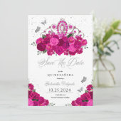 Fuchsia & Silver Tiara Save The Date Quinceañera Kaart (Staand voorkant)