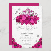 Fuchsia & Silver Tiara Save The Date Quinceañera Kaart (Voorkant / Achterkant)